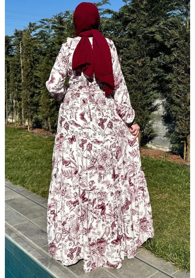 Rabia Şamlı Botanik Elbise Bordo Normal