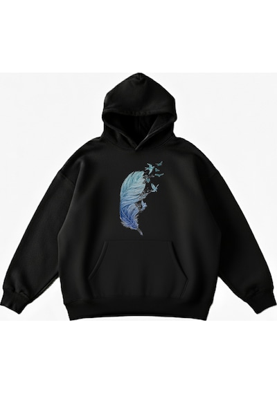 Maki Home Makiteks Siyah Pamuklu Unisex Cepli Kapüşonlu Rahat Kesim Kuş Tüyleri Baskılı Sweatshirt SiYAH
