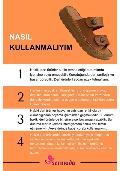 Sermoda Hakiki Deri Kadın Terlik - Yumuşak Kalın Tabanlı Hakiki Deri Çift Cırtlı Kadın Terlik Taba
