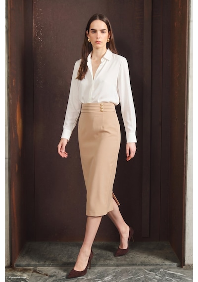 Sateen Düğme Detaylı Midi Etek - Koyu Bej-137807