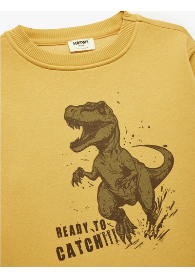 Koton Dinozor Baskılı Bisiklet Yaka Şardonlu Sarı Erkek Çocuk Sweatshirt 7wkb10059tk