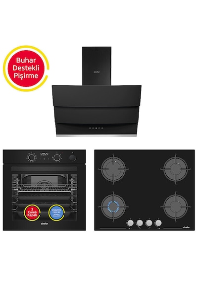 Simfer 0+10 Fonksiyon Steam Master Siyah 3'lü Ankastre Set 8244 Fırın + 3653 Ocak + 8678 Davlumbaz