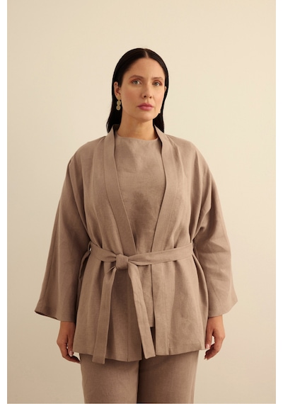 Aker Seyyar Kuşaklı Keten Kimono Vizon Vizon