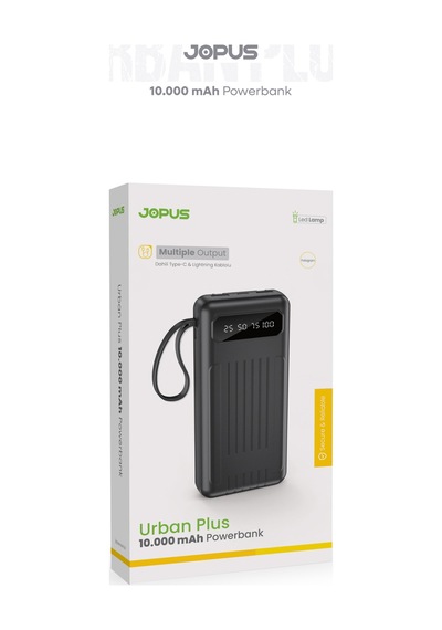 10000mah Powerbank Dahili Kablolu, Lcd Ekranlı, Led Lambalı, Taşınabilir Şarj Cihazı Siyah