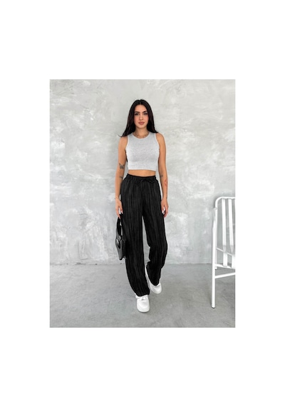 Gugus Trend Kadın Beli Lastikli Bol Paça Wide Lige Eskitme Keten Pantolon Siyah
