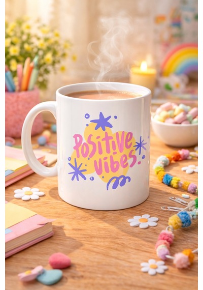 Positive Vibes Porselen Kupa Model 138 Renkli Tasarım Motivasyon Kupası Pozitif Enerji Veren Kahve & Çay Kupası Diğer