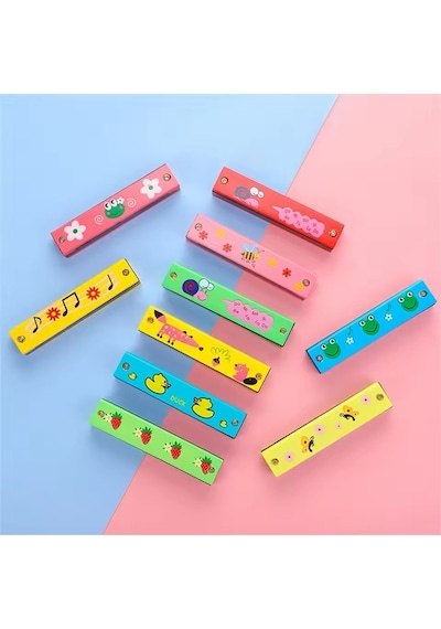 2'li Ahşap Çocuk Mızıka Seti 16 Delikli 12cm Renkli Eğitici Ahşap Oyuncak Müzik Aleti Mızıka