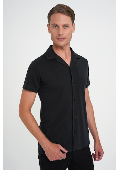 Efor Slim Fit Apaş Yaka Modal Karışımlı Kısa Kol Siyah Gömlek G 1590 Siyah