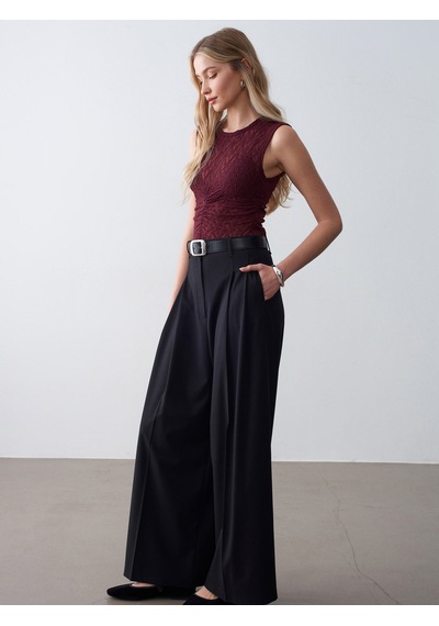 Dilvin 32492 Büzgülü Dantel Top-bordo