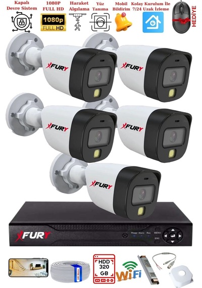Fury 5 Kameralı 5mp Lens 2 Mp Görüntü Gece Renkli Full Hd Ultra Led Akıllı Güvenlik Kamerası Seti 320gb