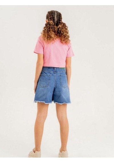 Kız Çocuk Kalp İşlemeli Denim Şort-13912 Mavi