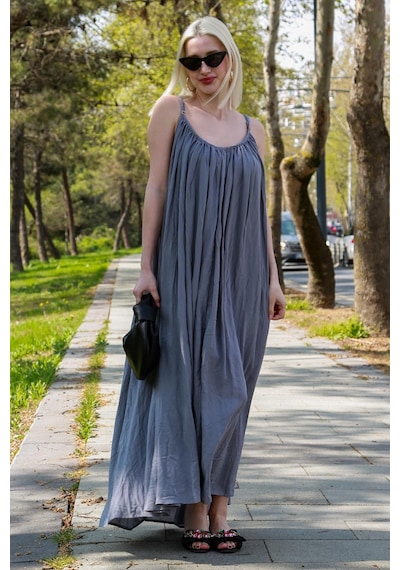 Madmext Gri Halter Yaka Askılı Uzun Basic Kadın Elbise Mg2163 Gri