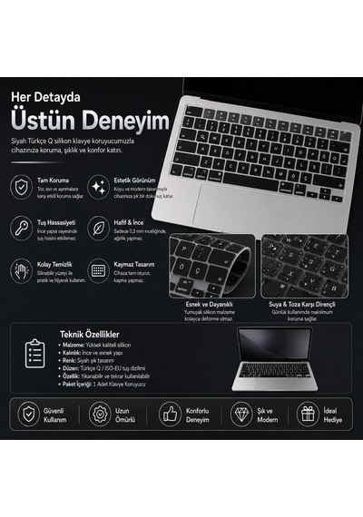 Macbook Air 13.6 İnç M2 M3 M4 M5 A2681 A3113 A3240 A3449 Uyumlu Türkçe Q Klavye Koruyucu Siyah Diğer