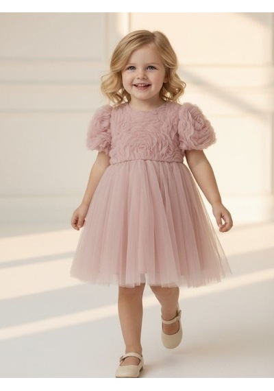 Zekids Kız Çocuk Gül Desenli Tül Abiye Elbise-17283 Pudra