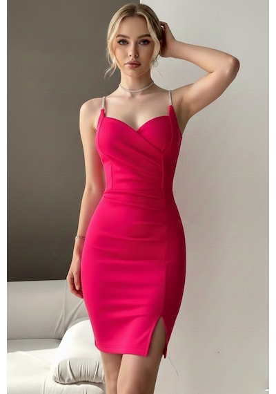 Defymoda Kadın Esnek Yapılı İnce Askı Elbise Pembe