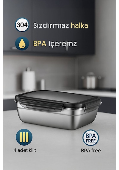 304 Çelik 550 Ml Yemek Meyve Et Buzdolabı Beslenme Saklama Kabı Mt111-55 Gri
