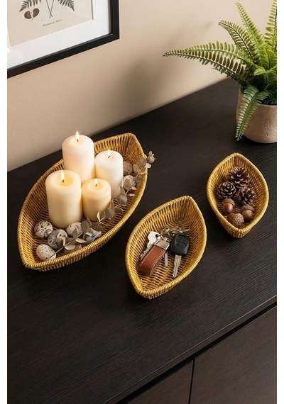 Kayık Formlu Plastik Rattan Sepet Seti, Hasır Görünümlü, Ekmek Meyve Sunum Sepetleri, 3 Parça, Çok Amaçlı Organizer, 27x15x5 Cm, 30x18x5 Cm, 33x20x5 Cm