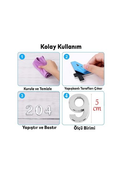 Yapışkanlı Kapı Numarası Küçük Boy 50 Mm 5 Cm Numara 9 Rakam Dokuz Sayı Krom Renk Numaralar 1 Adet Diğer