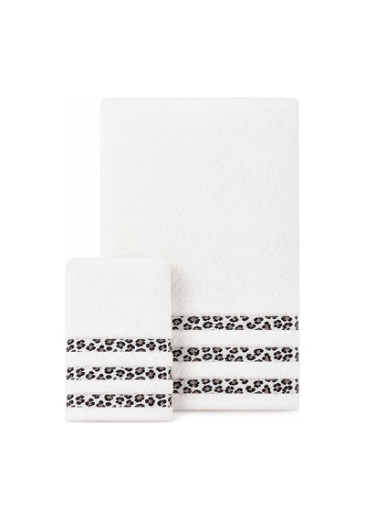 2 Parça Banyo Havlu Seti %100 Pamuk Leopar Deluxe 70x140 Cm + 50x90 Cm Beyaz
