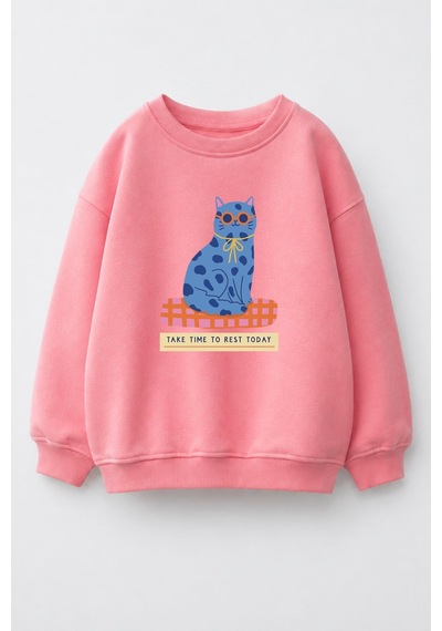Monila Kız Çocuk 3 İplik Kumaş Pamuklu Kedi Baskılı Sweatshirt Pembe