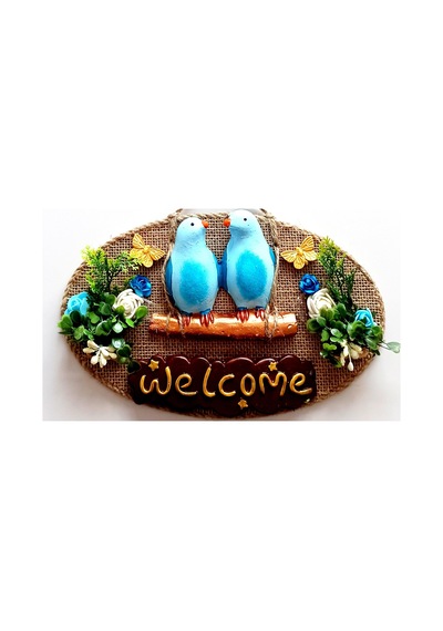 Mavi Kuşlu Çiçekli Welcome Yazılı Kapı Süsü