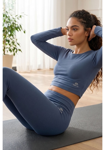 Tommylife Petrol Yüksek Bel Uzun Kollu Slim Fit Crop Top Kadın Tayt Takım - 95286
