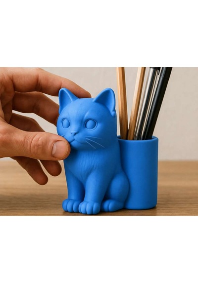 3d Baskı Kedi Figürlü Kalemlik - Masaüstü Organizer - Mavi Diğer
