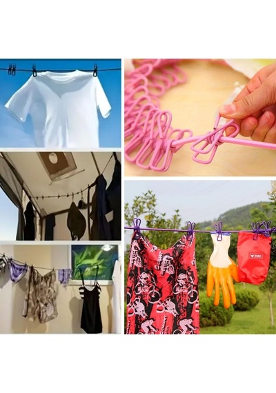 Buffer Taşınabilir Seyahat Çamaşır İpi 12 Mandallı Klipsli Lasti Mor
