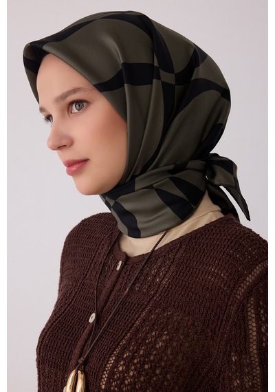 Belli Soyut Desen %100 Twill İpek Eşarp Be29 Haki-siyah