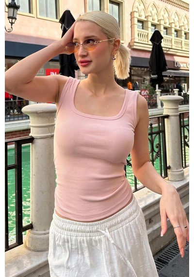 Madmext Pembe Fitilli Görünümlü Askılı Basic Atlet Mg2057 Pembe