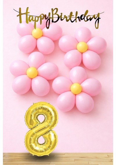 8 Yaş Pembe Sarı Papatya Temalı Gold Rakam Gold Happy Birthday Banner Doğum Günü Süsleme Altın - Pembe