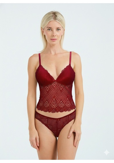 Dantel Detaylı Esnek Bralet & Slip Takımı Kırmızı