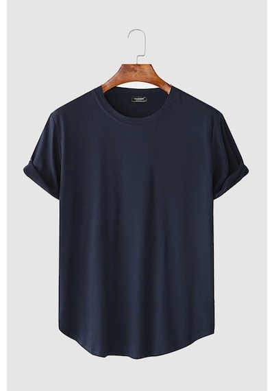 2'li Erkek Lacivert-haki Kolları Katlı Oval Kesim Cepsiz Bisiklet Yaka T-shirt Lacivert-haki