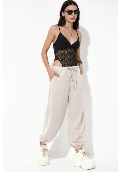 Hiccup Busem Kadın Dokulu Polyester Jogger Pantolon Taş Doğal