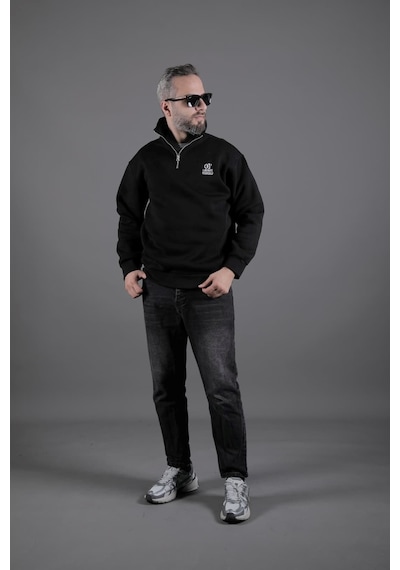 Dik Yakalı Parçalı Erkek Sweatshirt Siyah