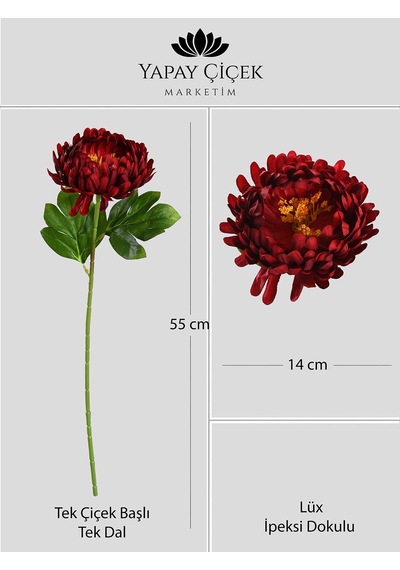 Kırmızı Yapay Kasımpatı Çiçeği Tek Dal Lüx İpeksi Dokulu 55 Cm