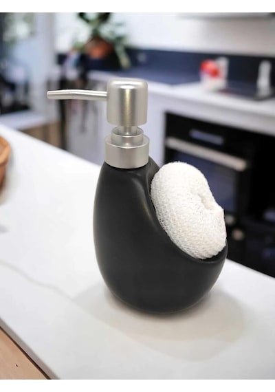 Lüks Porselen Mat Siyah Süngerli Banyo Mutfak Sıvı Sabunluk 500 Ml Bulaşık Deterjanlık Gümüş Kapak Siyah