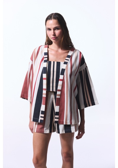 Penti Shay Striped Etnik Desen V Yaka Oversize Kimono