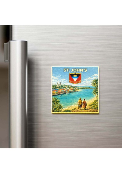 Retro Antigua Ve Barbuda Saint John S Şehri Temalı Vintage Buzdolap Magneti 9x9 Cm