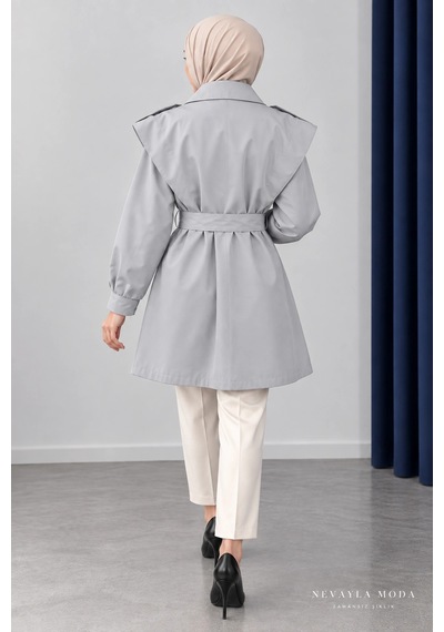 Nevayla Moda Kuşaklı Fermuarlı Mevsimlik Trençkot - Gri / M0116