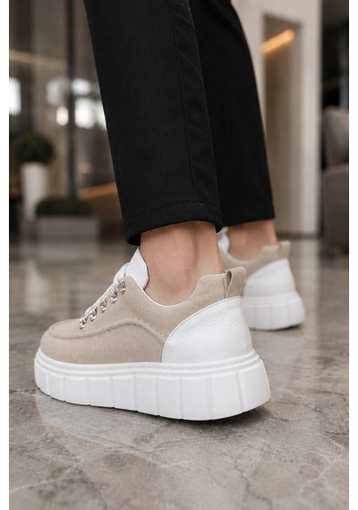 Mevese Duolc Bağcıklı Süet Erkek Günlük Rahat Taban Sneaker Ayakkabı - Krem