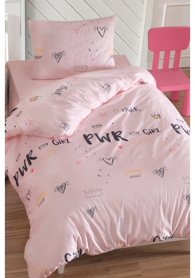 Tek Kişilik Pamuklu Nevresim Takımı 3 Parça Power Desen Pembe / Yumuşak Dokulu Pembe