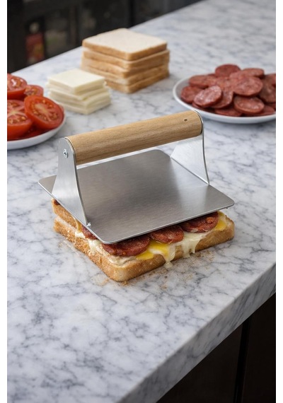 304 Paslanmaz Çelik Kare Burger Presi / 12 Cm Ahşap Saplı Smasher / 3 Mm Kalın Paslanmaz Çelik Gövde / Izgara Ve B