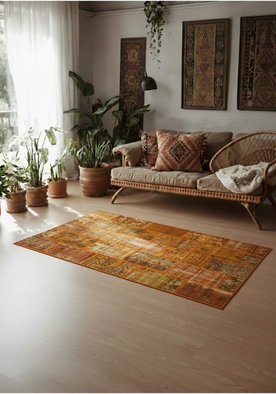 Modern Bohem Stil Vintage Halı Özel Tasarım Turuncu Patchwork Koleksiyonu Turuncu