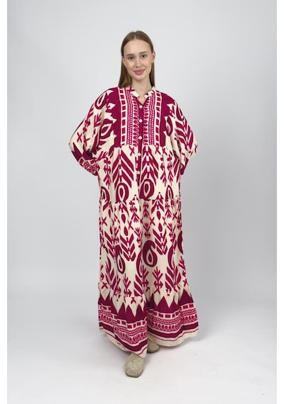 Kadın Pamuklu Desenli Uzun Elbise Pembe