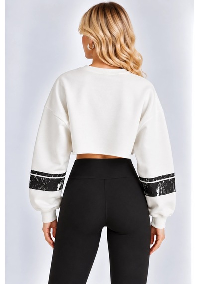 Mevese Malibu Baskılı Rahat Kesim Bisiklet Yaka Crop Sweatshirt - Beyaz