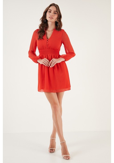 Lela V Yaka Regular Fit Gipeli Düğme Detaylı Şifon Mini Bayan Elbise 611El01433 Orange