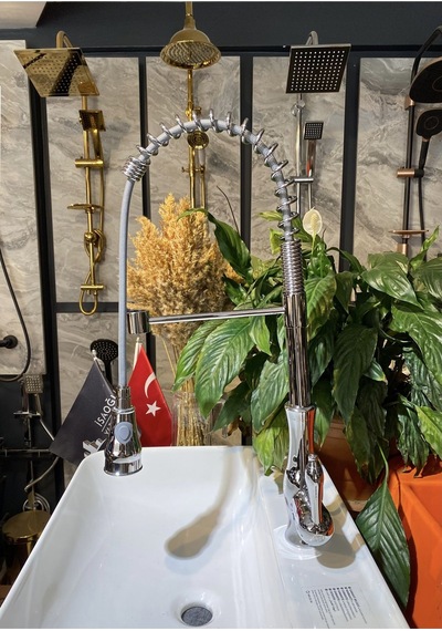 İsaoğlu Yapı Mutfak Bataryası Endüstriyel Musluk Country Tasarım Spiralli Uzayan Sistem Batarya Gümüş