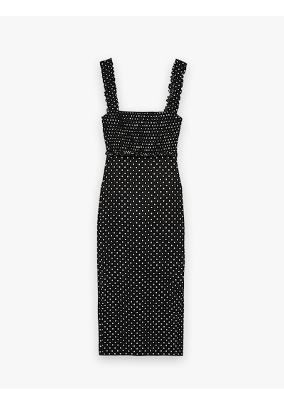 Koton Kare Yaka Slim Fit Kalın Askılı Gipeli Midi Puantiyeli Elbise Siyah Desenli 6sal80026ık