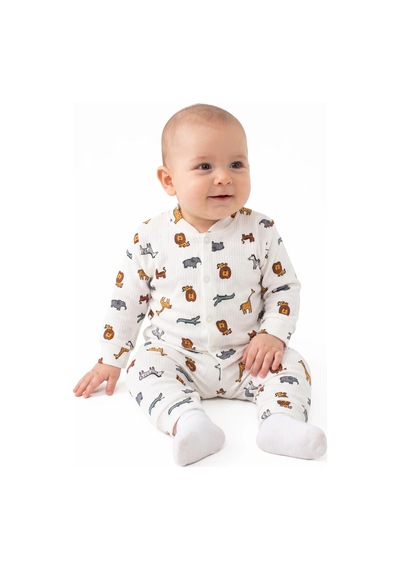 Bebegen Erkek Bebek Ekru Renkli Hayvanlar Alemi Baskılı Çıtçıtlı Pijama Takımı Çok Renkli